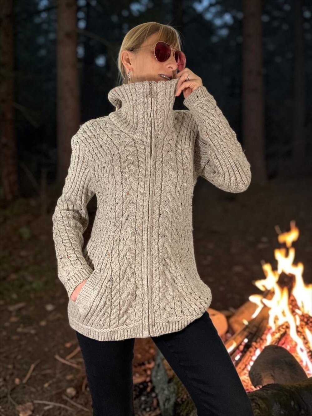Aran Mor Merino Wool Flecked Cardigan Sweater M Zip Front
